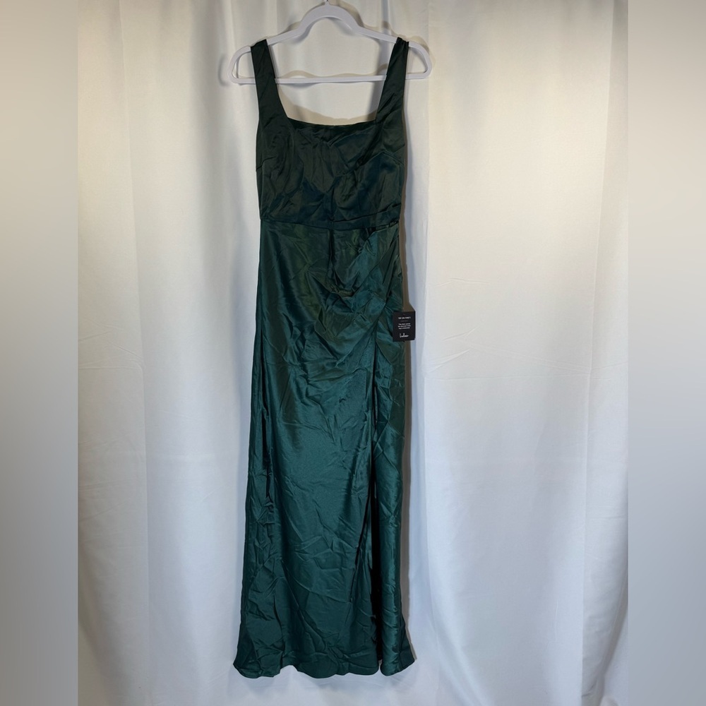 Lulus Red Carpet Romance Emerald Green Satin Square Neck Maxi Dress M